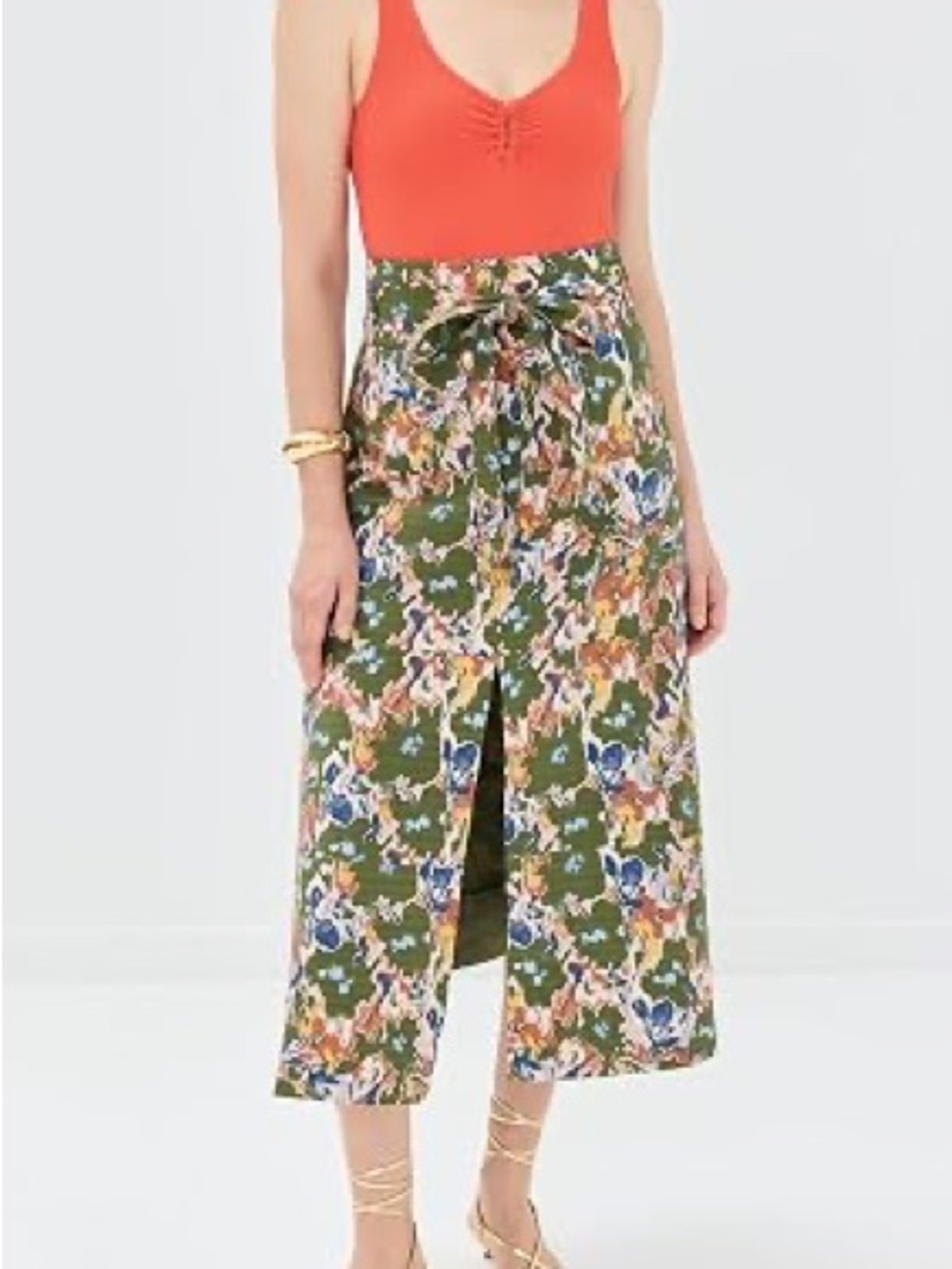 Tanya Taylor Olive Green Floral Tie-Waist Midi Skirt with Multi-Color Print